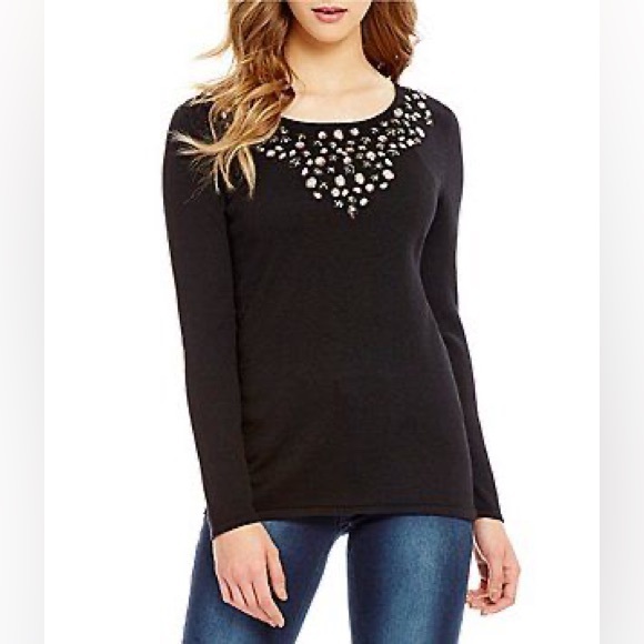 Reba Pretty BLACK Long Sleeve Sweater embellished w/Black & White 💎Stones SZ XL - Picture 6 of 6